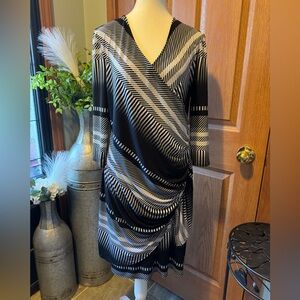 NEW YORK & CO Woman’s Size XL Faux Wrap Dress Ruched Black & White Striped Dress